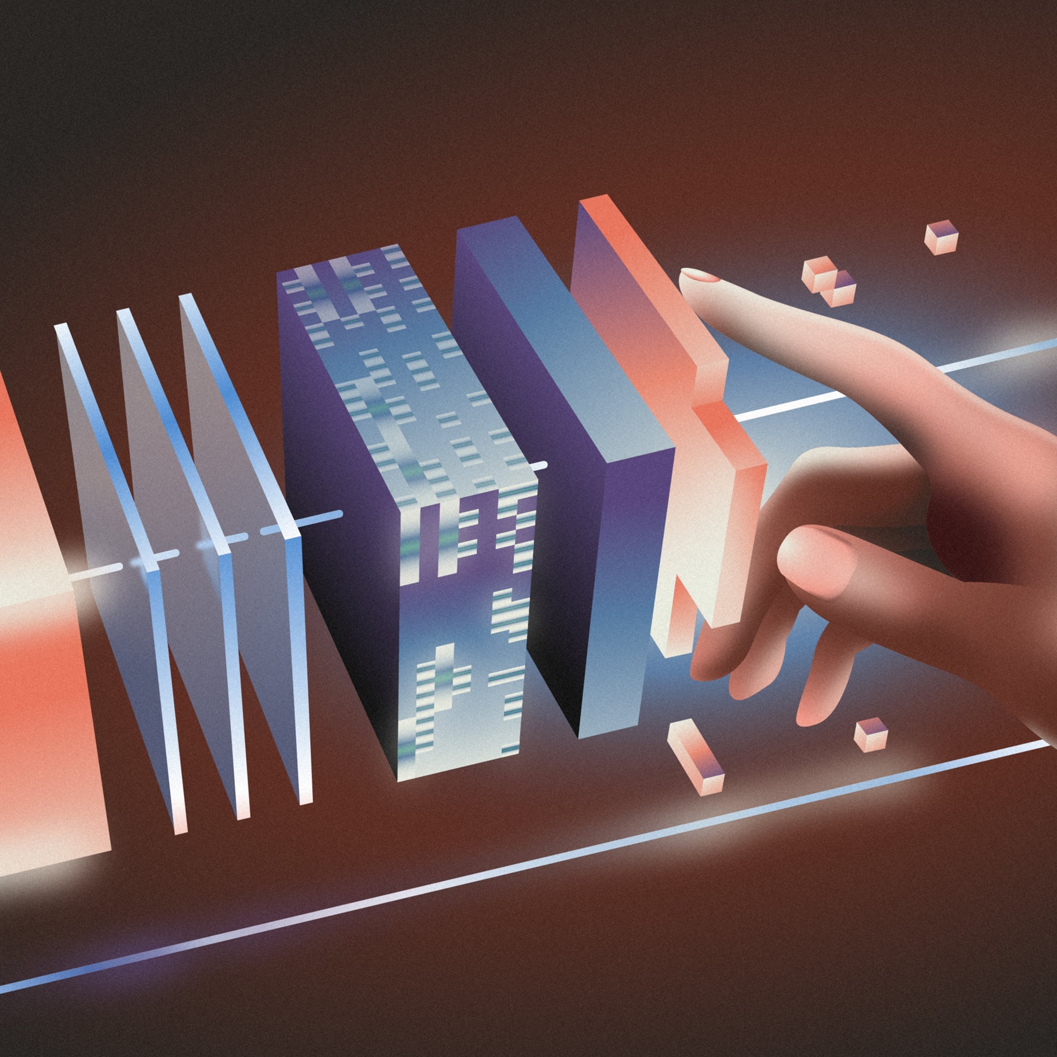 An illustration of a hand touching abstract building blocks on a glowy gradient background.