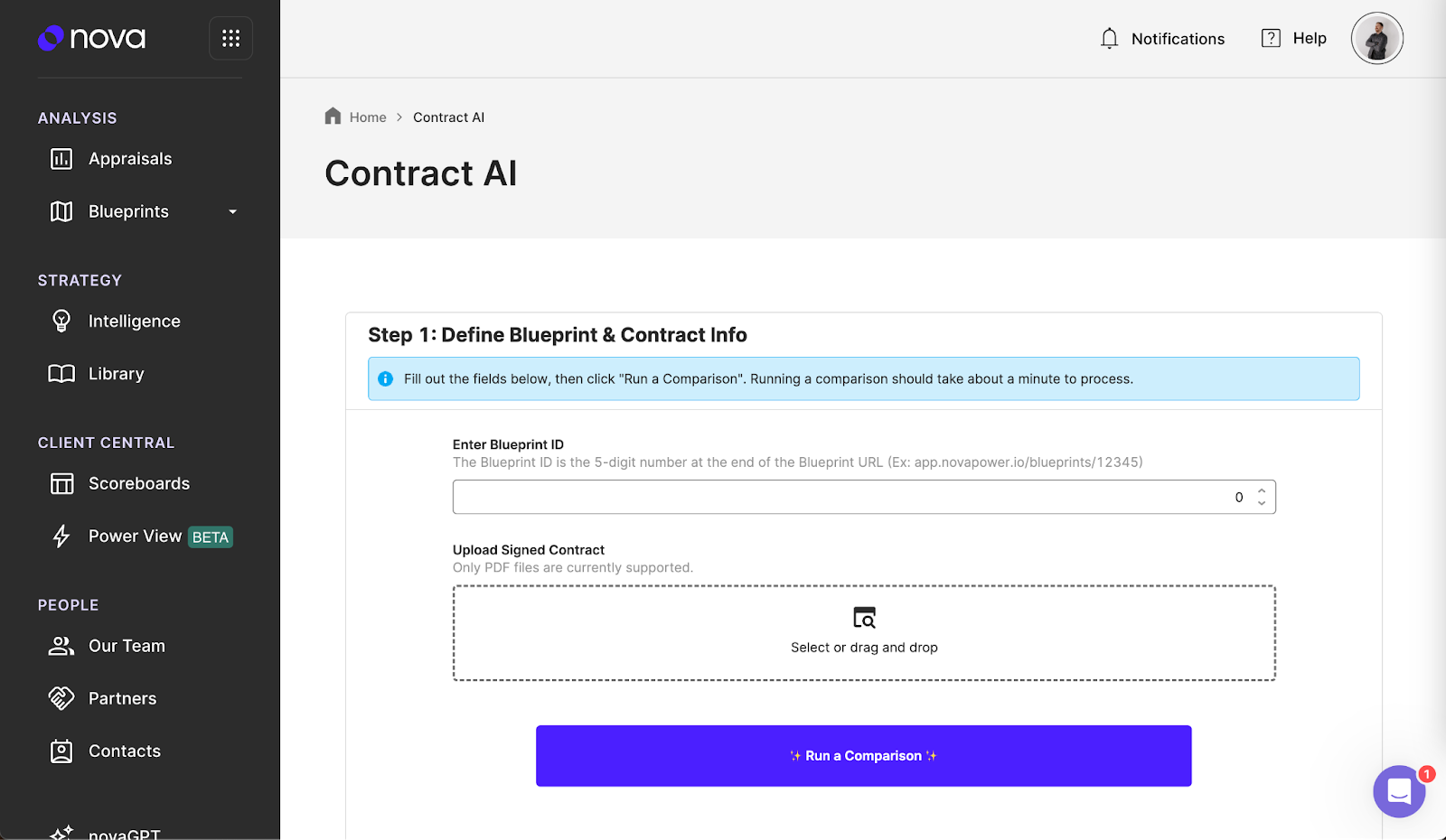Power Digital’s Contract AI app built with Retool. The first step is to upload a PDF, assign an ID, and click “Run a Comparison”
