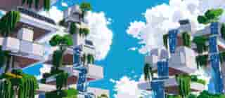 An illustration of a lush app layer dreamscape with structures covered in plants and cascading with water falls