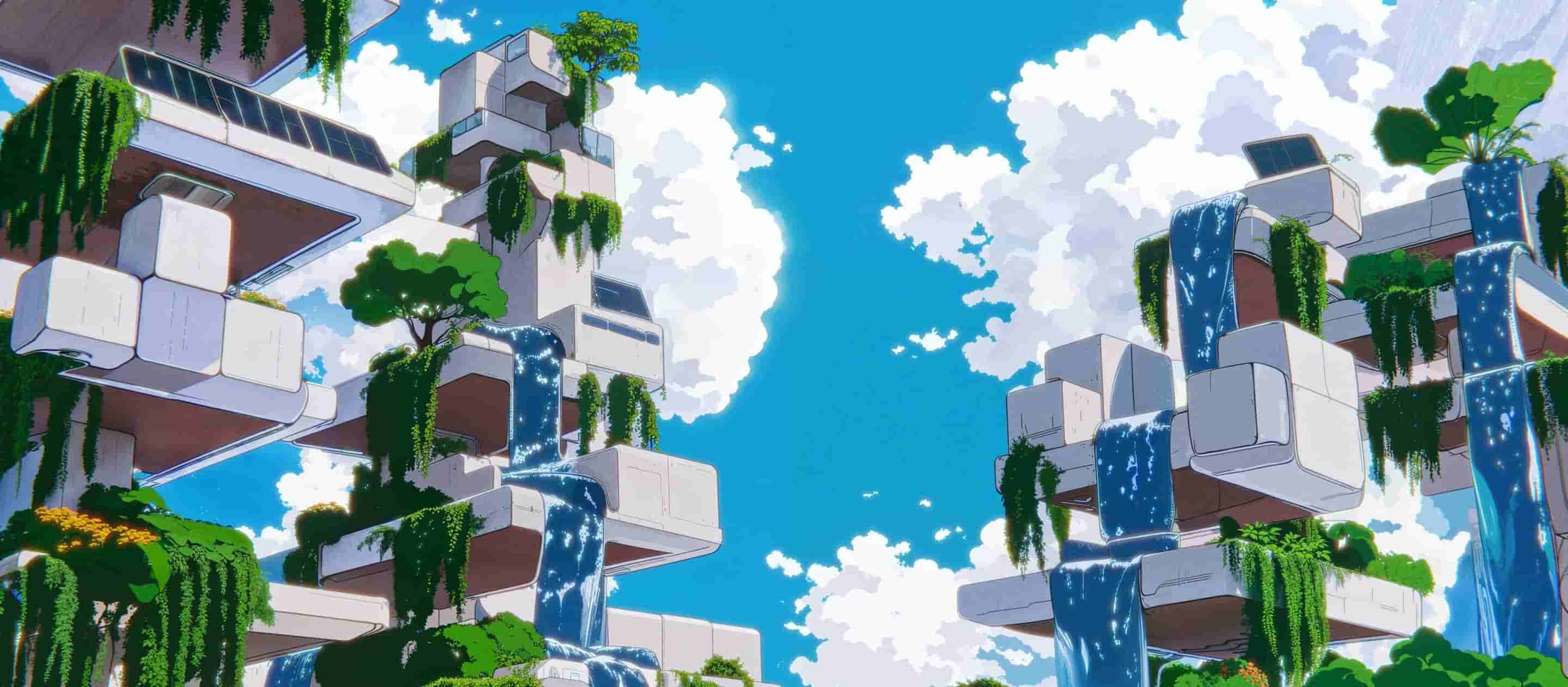 An illustration of a lush app layer dreamscape with structures covered in plants and cascading with water falls