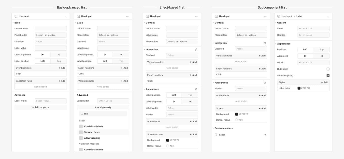 Low-fidelity UI sketches to represent potential IA directions