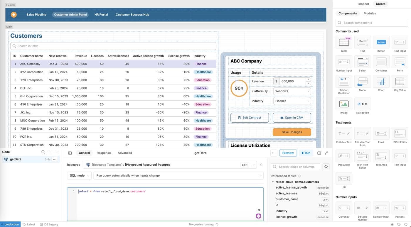 A Retool-built Postgres admin panel in Editor mode.