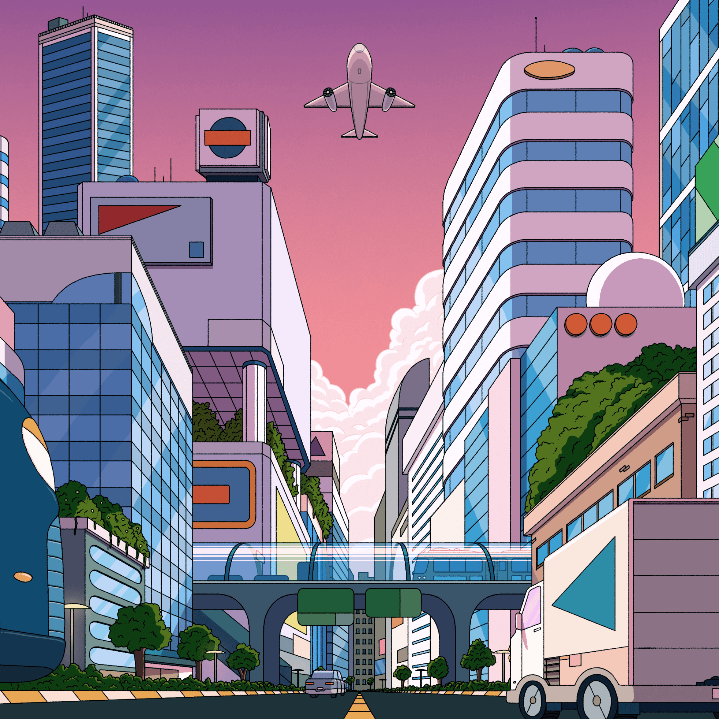 Futuristic cityscape with modern buildings, greenery, and a plane overhead at sunset.