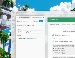 A screen of the Retool app over the top of an illustration of a lush app layer dreamscape.