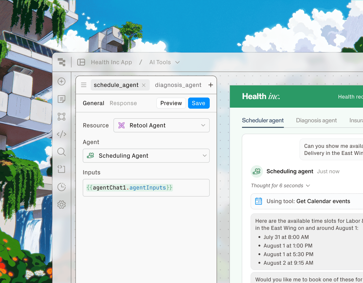 A screen of the Retool app over the top of an illustration of a lush app layer dreamscape.