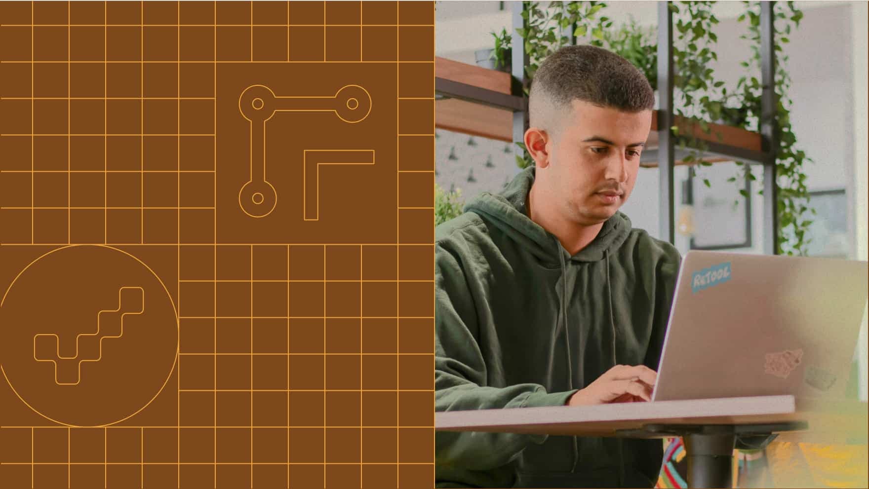 A young man in a green hoodie works on a laptop in a modern, plant-filled workspace. The left side of the image features a brown grid design with tech-inspired icons.
