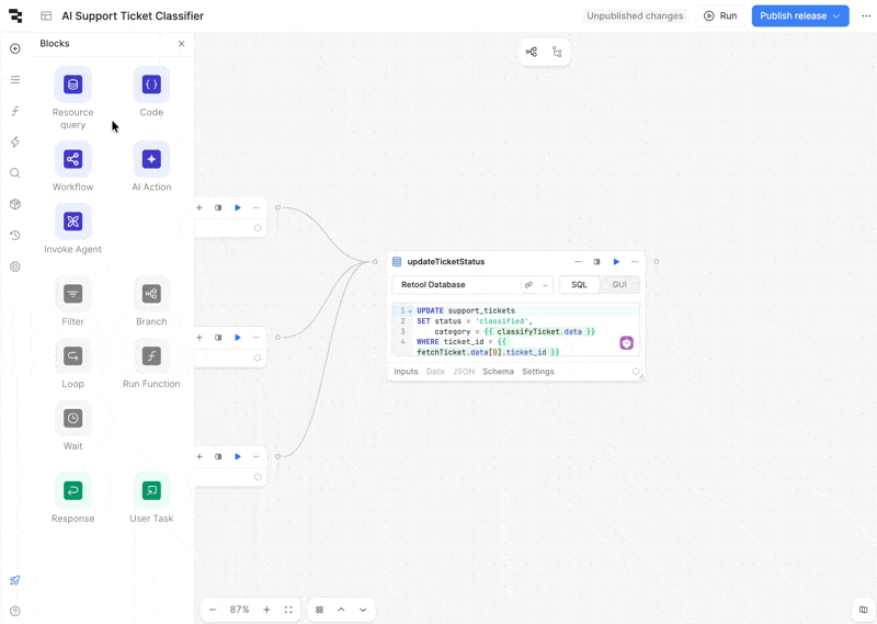 A visual workflow builder for an AI Support Ticket Classifier, showing a 'Blocks' sidebar and a database update node with SQL code.