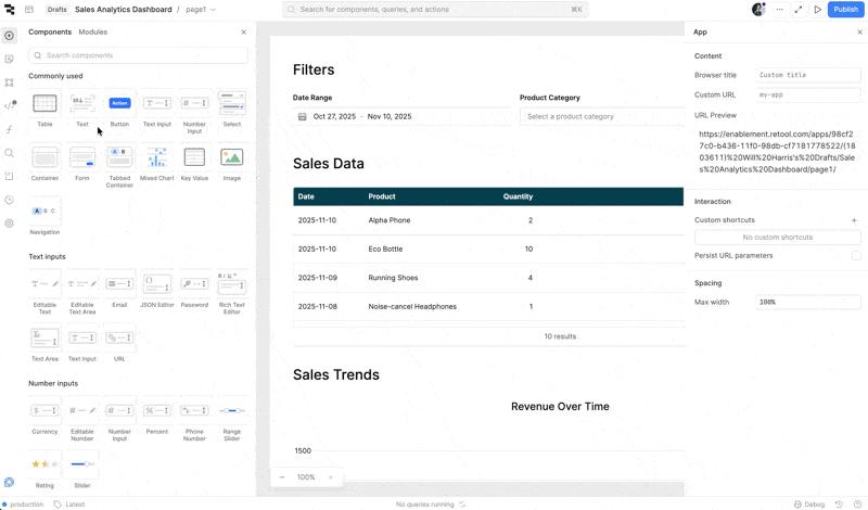 An app builder interface showing UI components on the left, a Sales Analytics Dashboard preview in the center with a date filter and sales data table, and app configuration settings on the right.