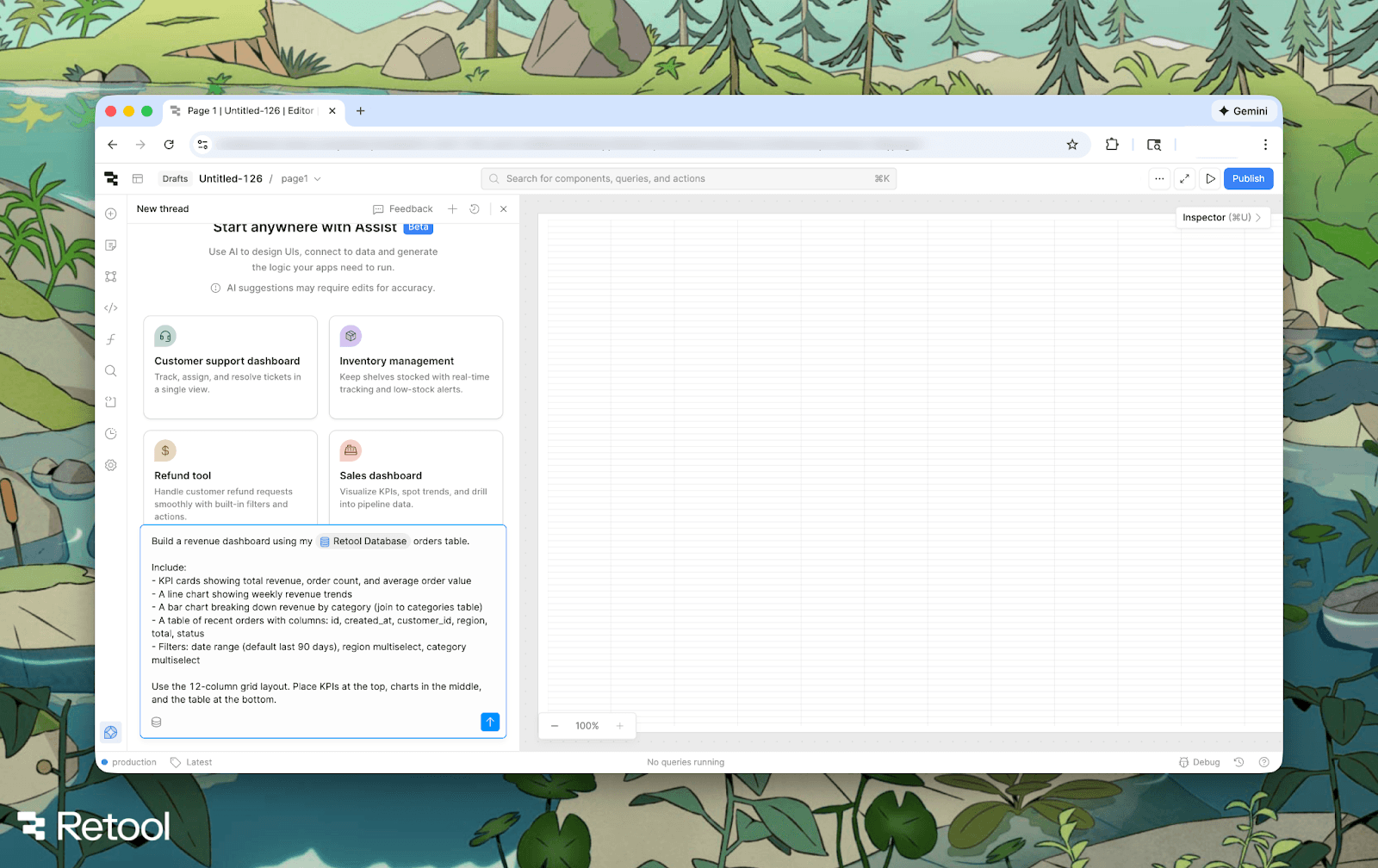 Retool's AI Assist feature in a browser window, showing a prompt to build a revenue dashboard with specific KPIs, charts, and filters, next to a blank grid layout, against a cartoon nature background.