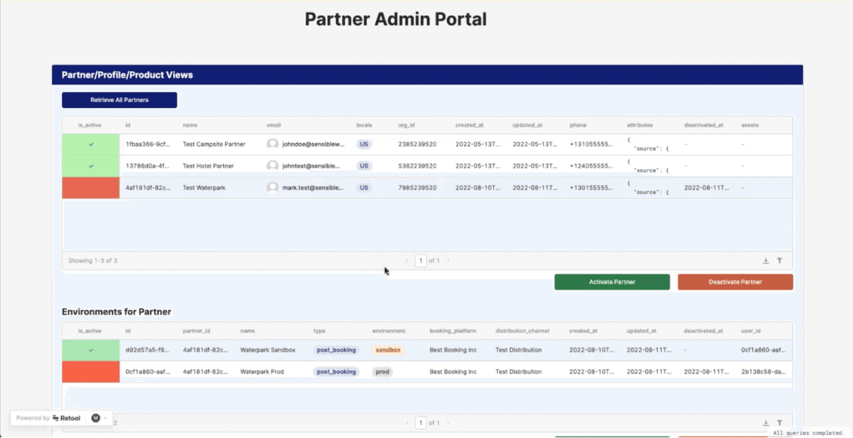 Screenshot of Partner Admin Portal on Retool app