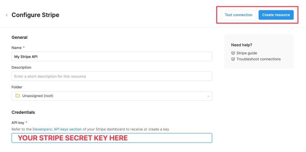 Paste Stripe's secret API key to configure the Retool resource