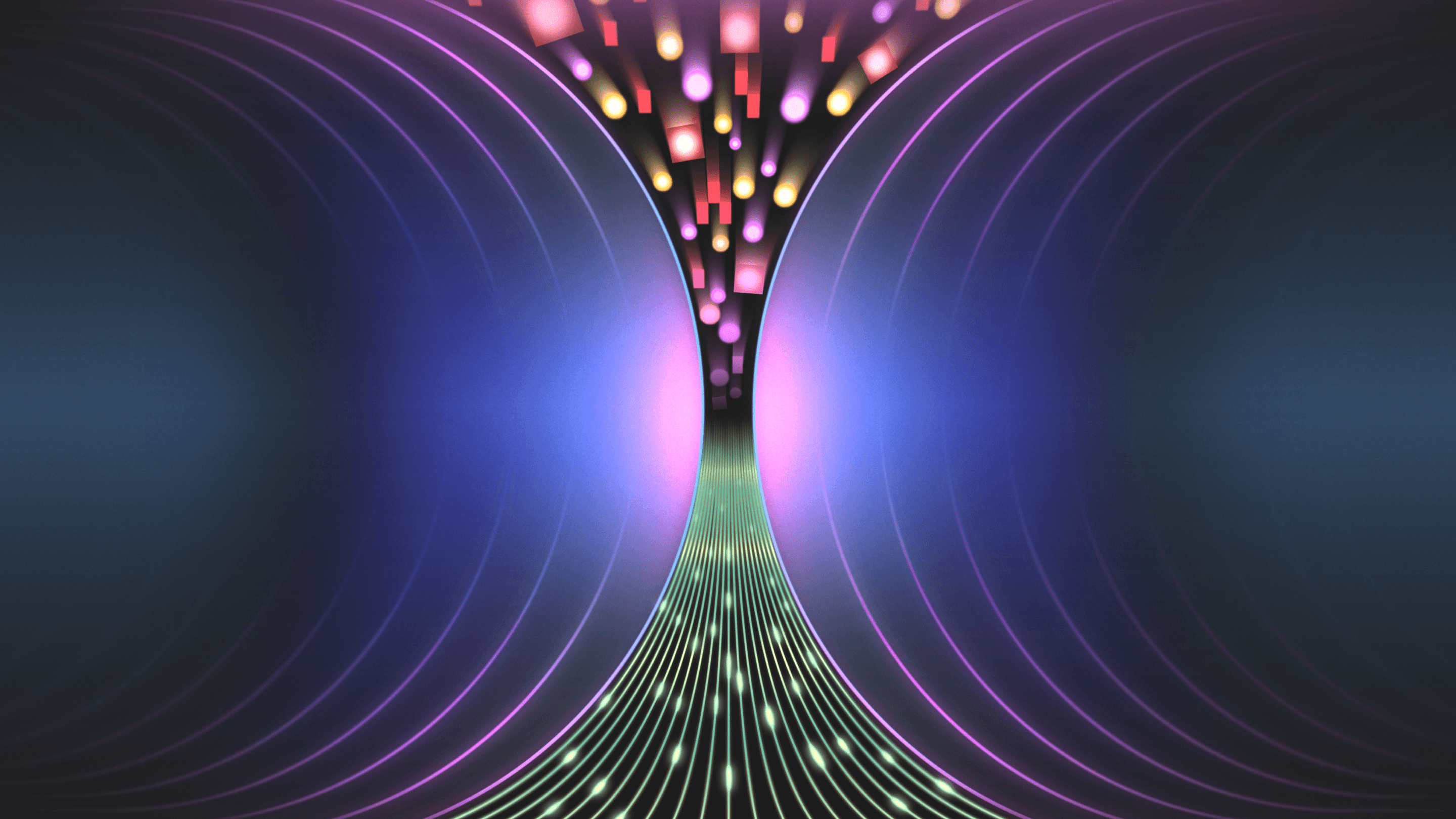Abstract digital art featuring a glowing central pathway between two dark curved panels, with colorful geometric shapes raining down from above.