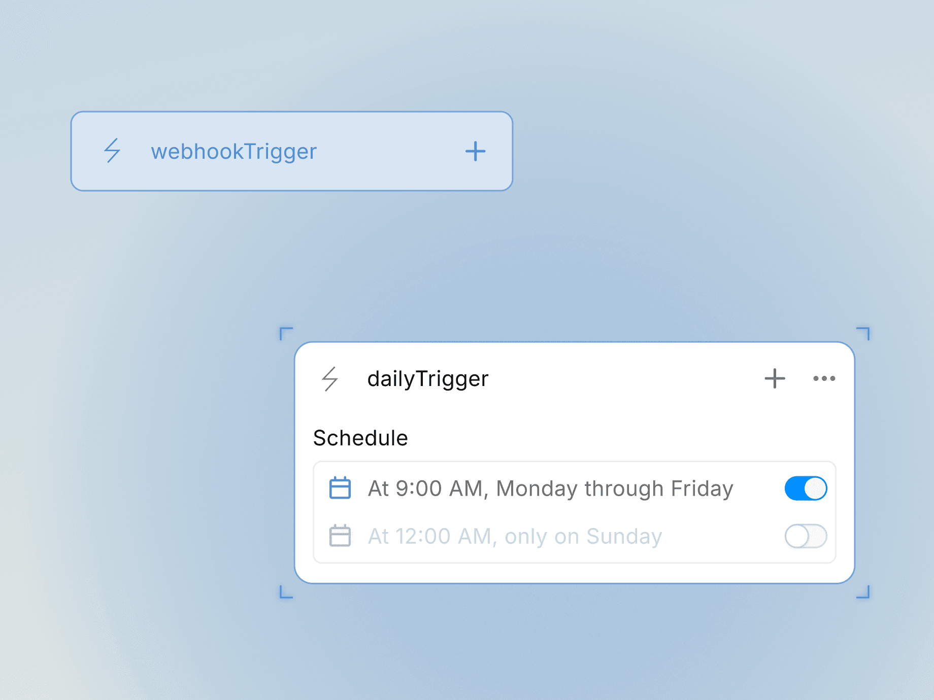 UI with 'webhookTrigger' and 'dailyTrigger' cards. The 'dailyTrigger' card shows an active schedule for 9 AM Mon-Fri and an inactive schedule for 12 AM Sun.