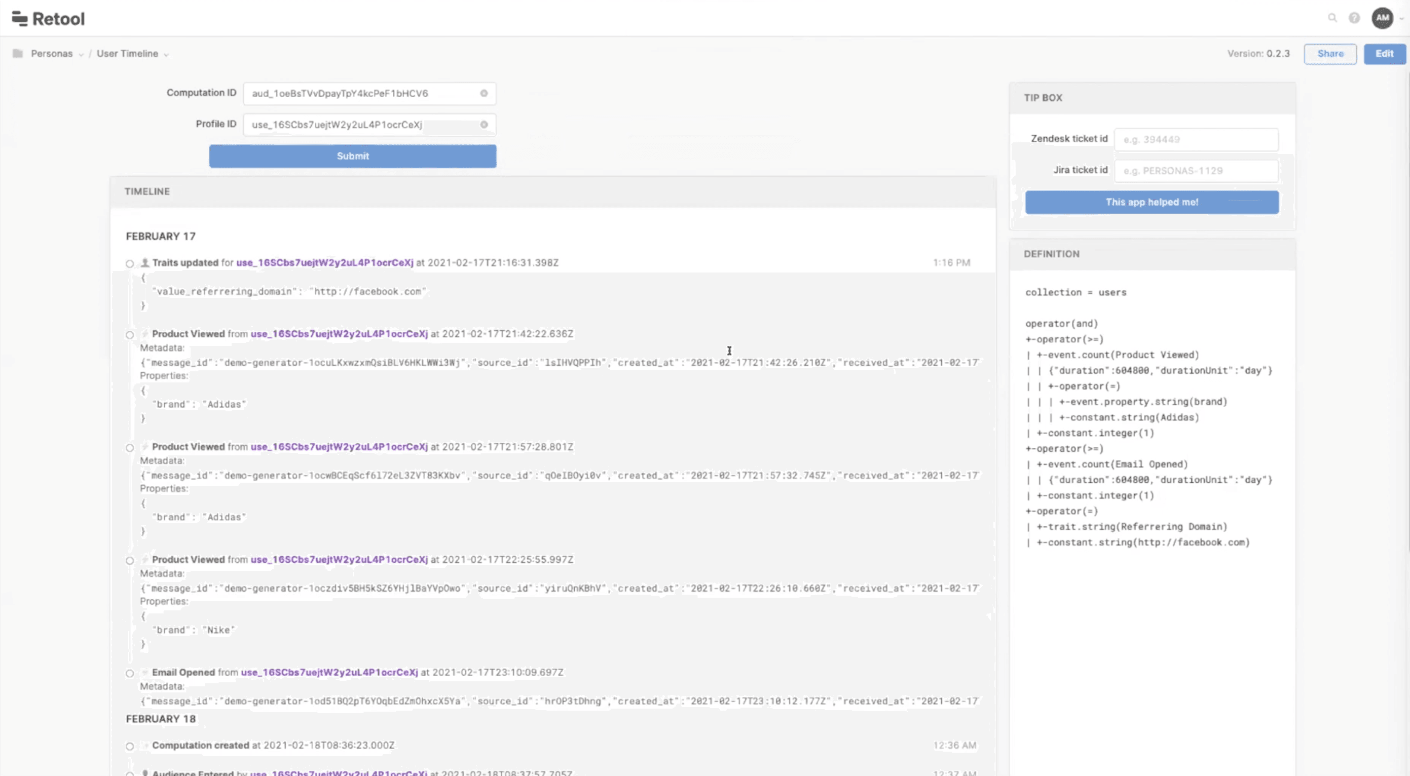 Persona support dashboard