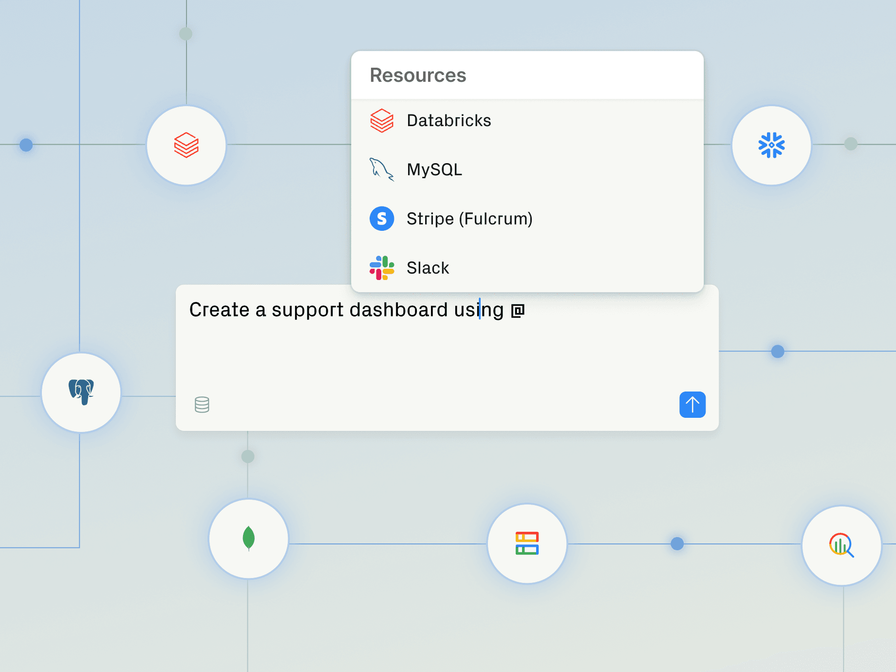 A software interface with a "Resources" menu displaying Databricks, MySQL, Stripe, and Slack, over a prompt to "Create a support dashboard using @".