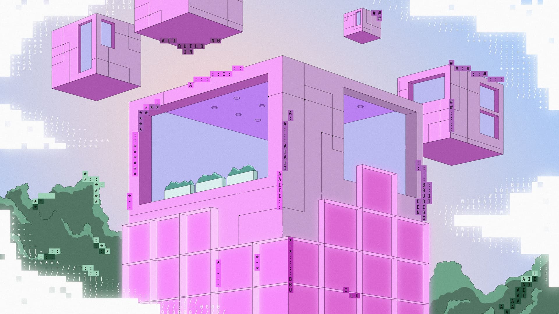 Stylized image of an animated building with the word "building" on it