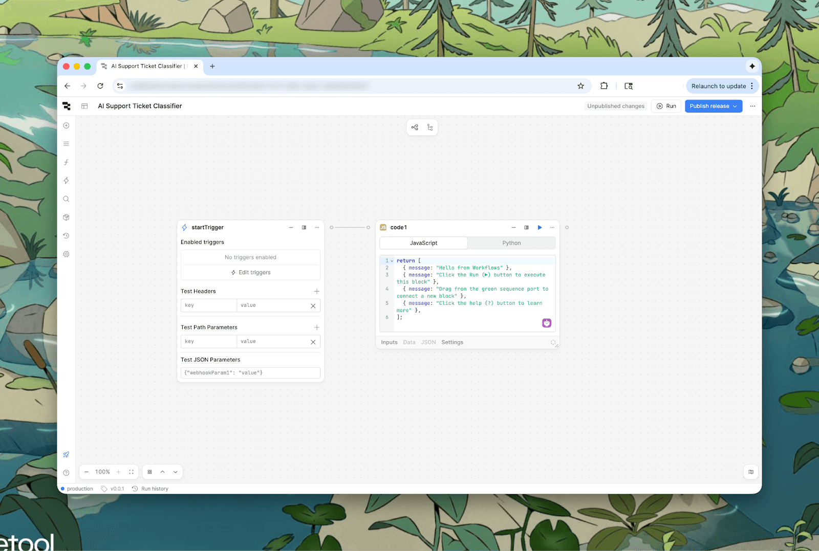 An "AI Support Ticket Classifier" workflow in Retool with JavaScript code and trigger settings, over a cartoon landscape background.