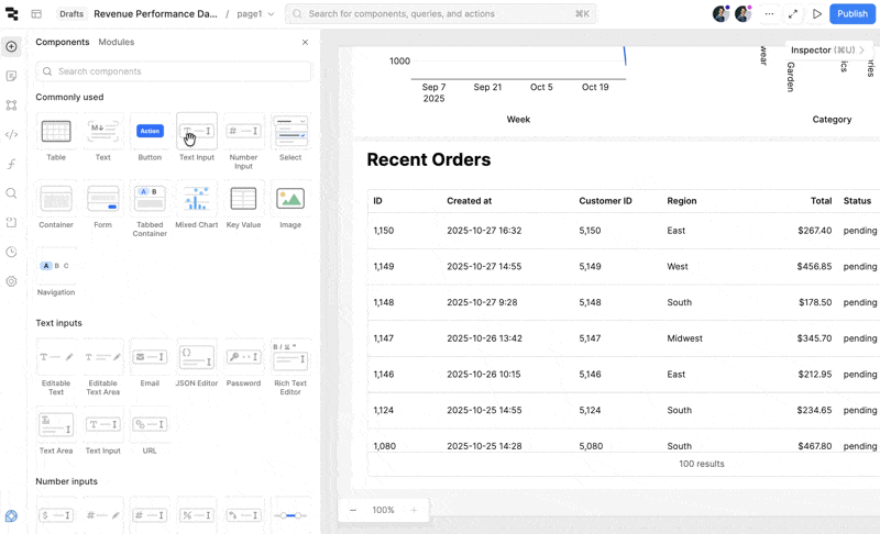 The Retool app building interface, with a "Text input" component being dragged onto the canvas.