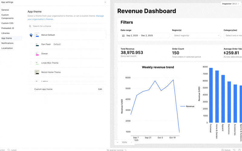 Retool interface showing app theme settings on the left and a revenue dashboard with charts and key financial metrics on the right.
