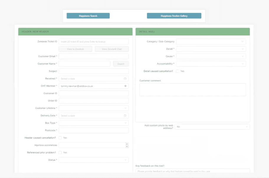 Screenshot of Oddbox using Retool to make a Customer Happiness Tracker app