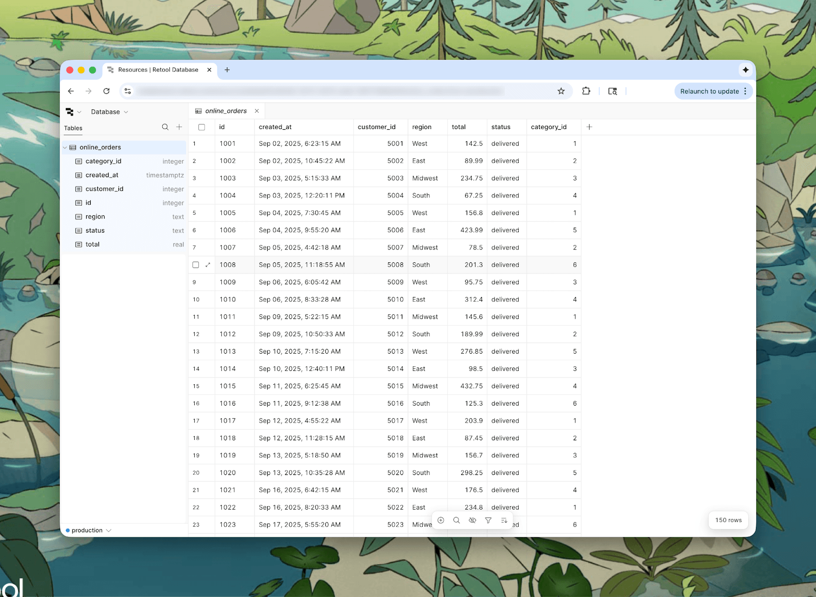A computer screen displaying a database table for 'online_orders' with columns for ID, date, customer, region, total, and status.
