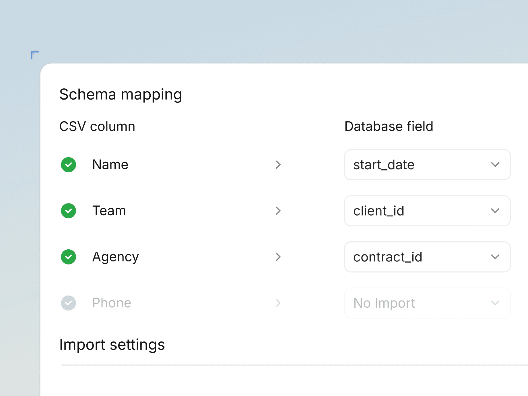 A data mapping interface showing CSV columns "Name", "Team", "Agency", and "Phone" mapped to database fields "start_date", "client_id", "contract_id", and "No Import" respectively.