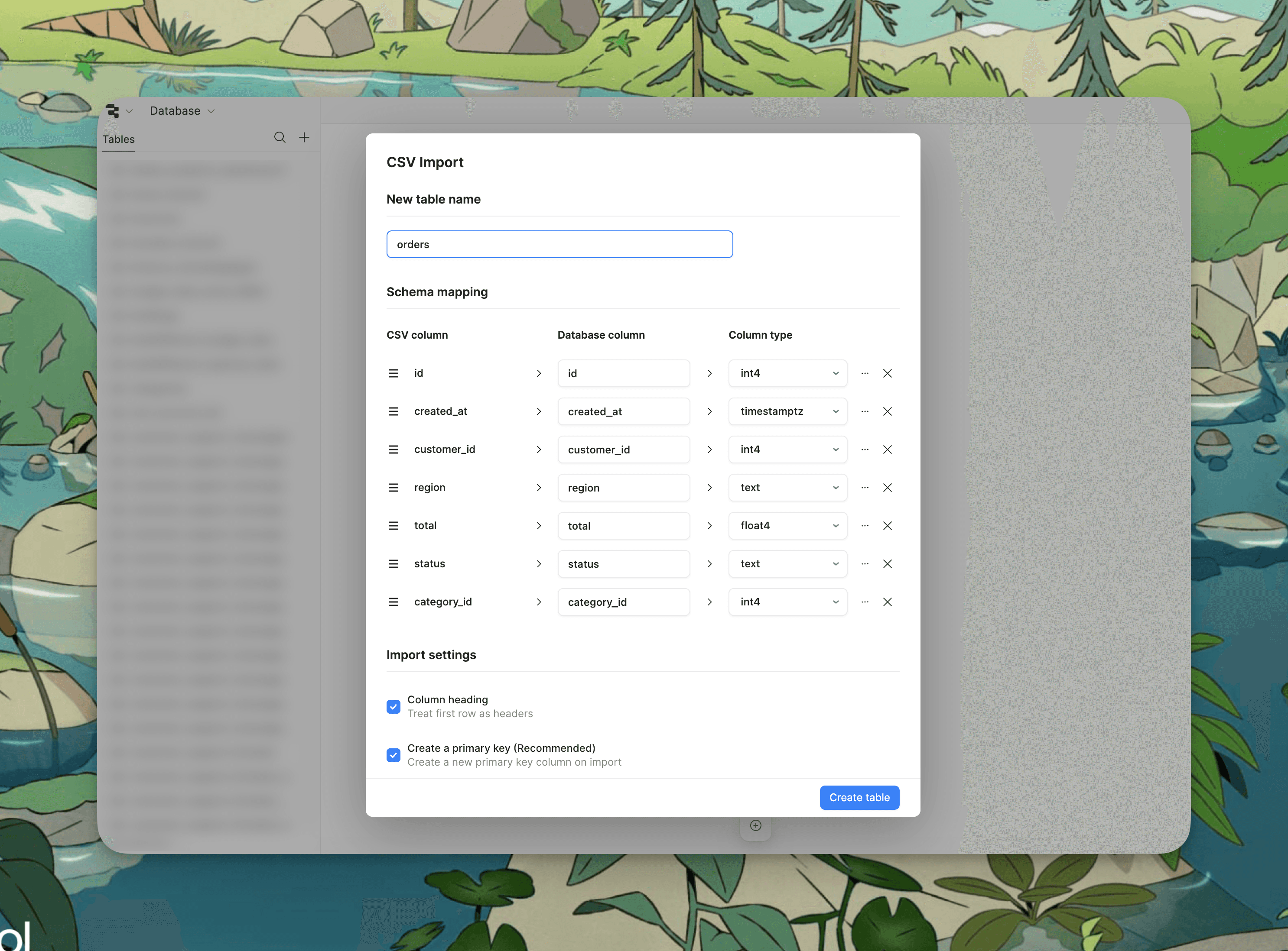 A "CSV Import" dialog in Retool, displaying schema mapping for an "orders" table with various columns and data types, along with import settings and a "Create table" button.