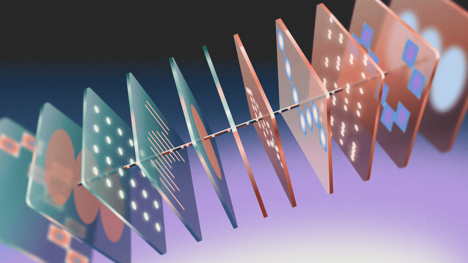 A series of translucent panels displaying different geometric and abstract patterns, linked by a wire, illustrating a processing sequence.