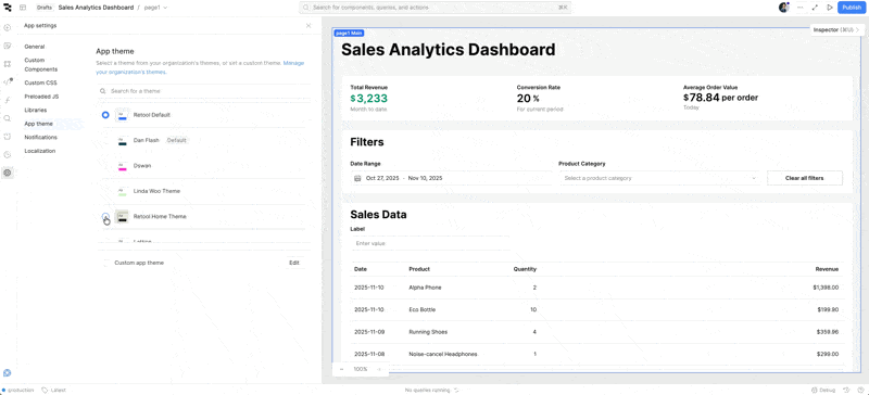 A software interface displaying App Theme settings on the left, with 'Refurb Home Theme' selected, and a Sales Analytics Dashboard on the right featuring key performance indicators and sales data.