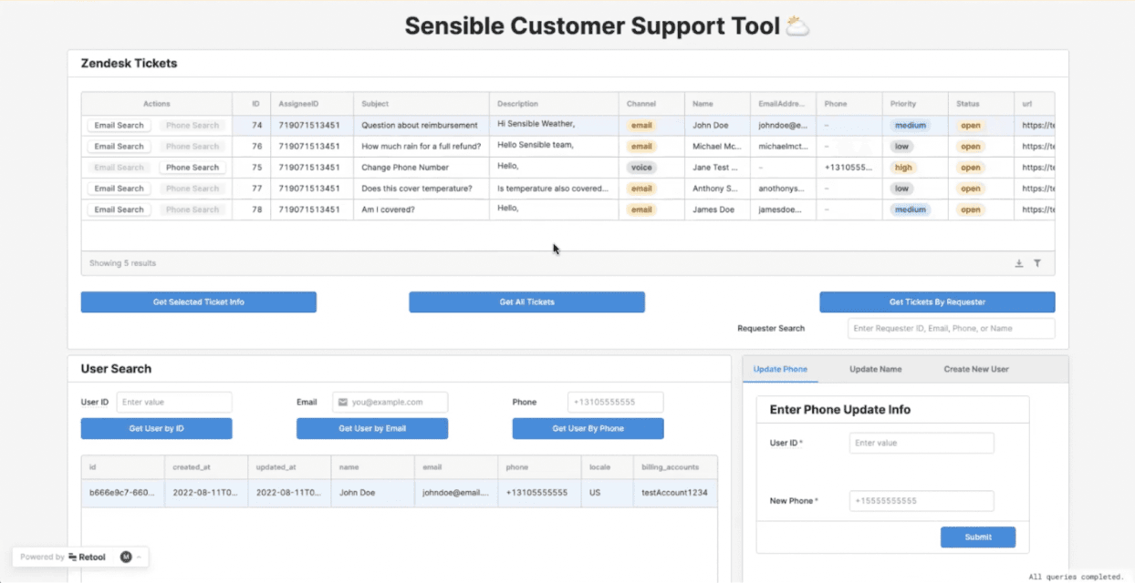 Screenshot of the Retool app Sensible built showing Sensible's Customer Support Tool