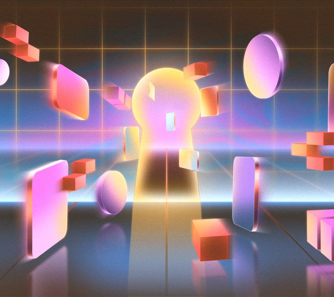 Abstract digital art featuring a glowing keyhole surrounded by colorful, floating geometric shapes against a grid background.