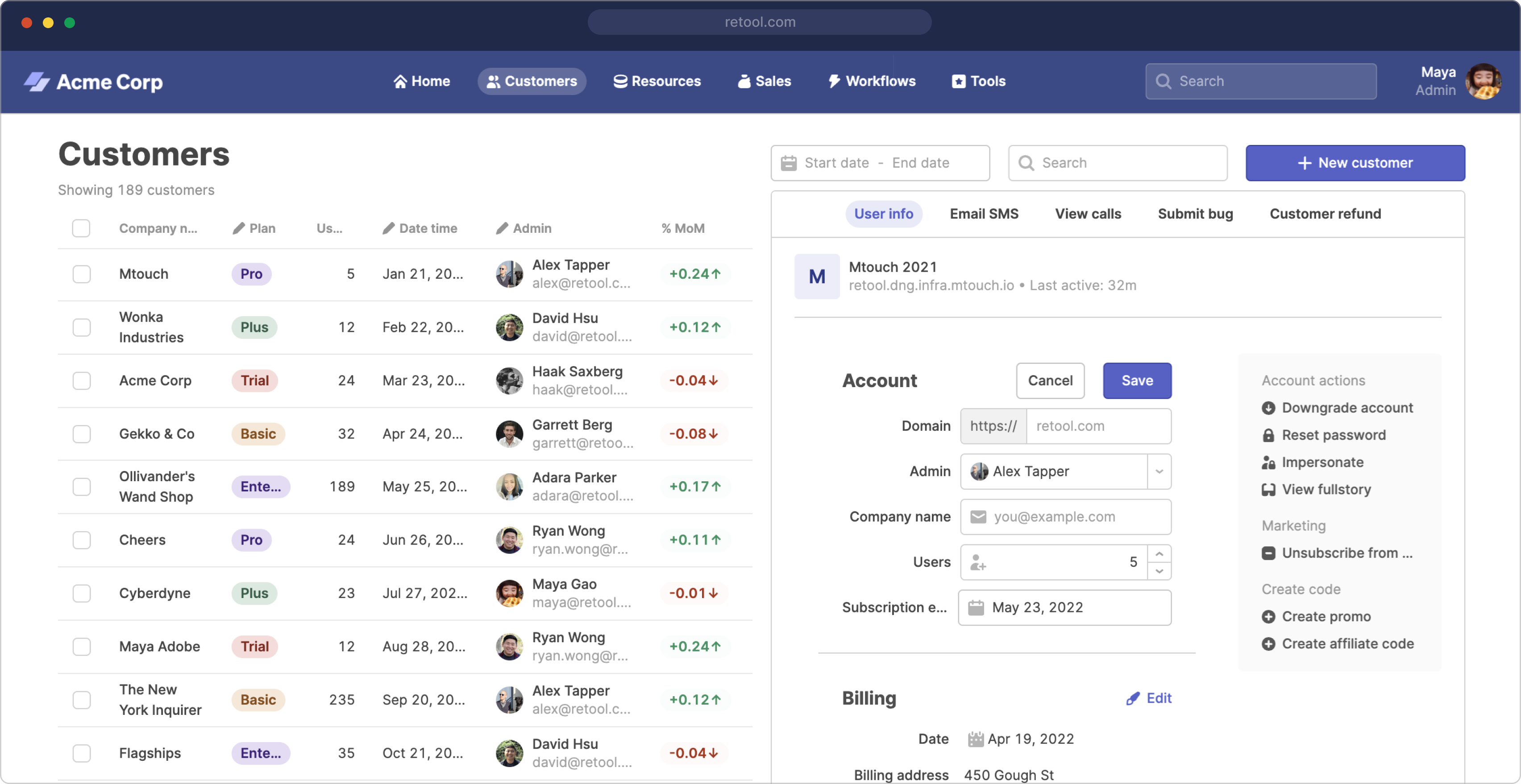 Customers user management tool screenshot from Retool app
