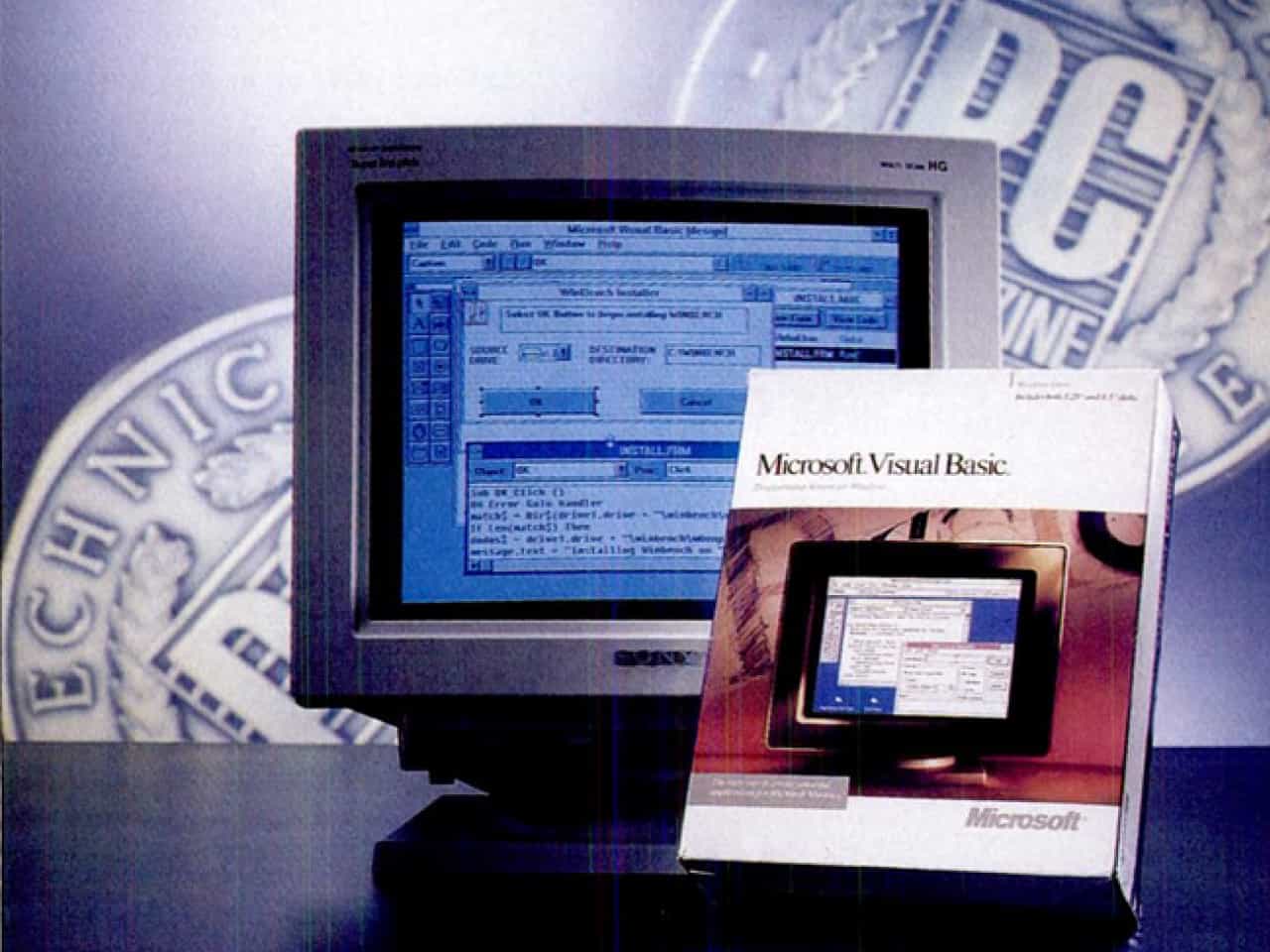 A picture of a CRT monitor with Visual Basic 1.0 on it. In front of that is a manual titled 'Microsoft Visual Basic'.