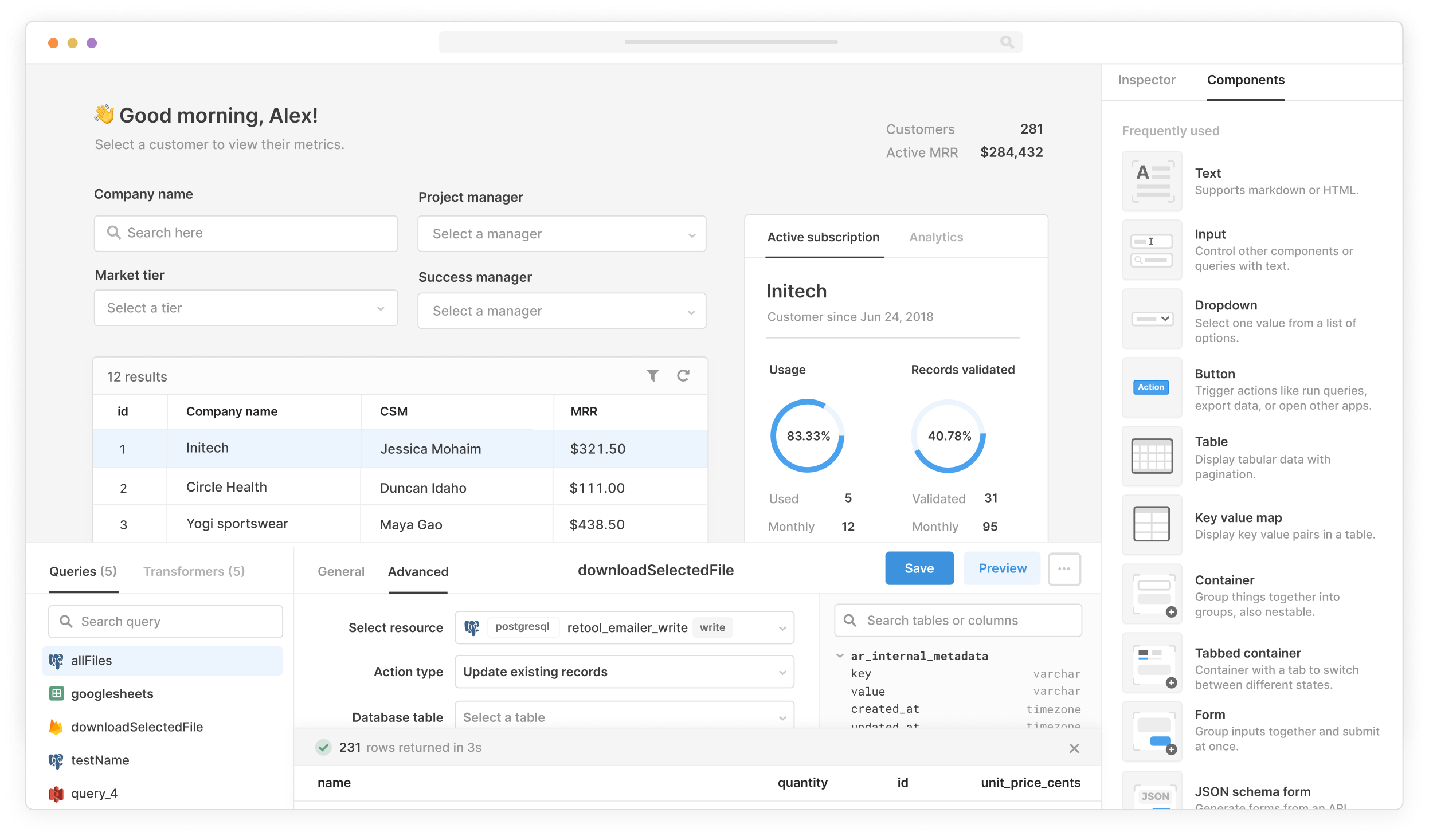 Screen shot of an app using the Google Sheets integration.