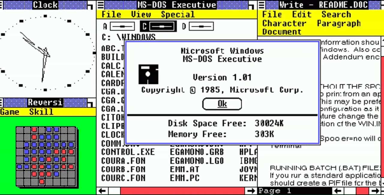 A screenshot of a the Windows 1.0 shell on top of MS-DOS.