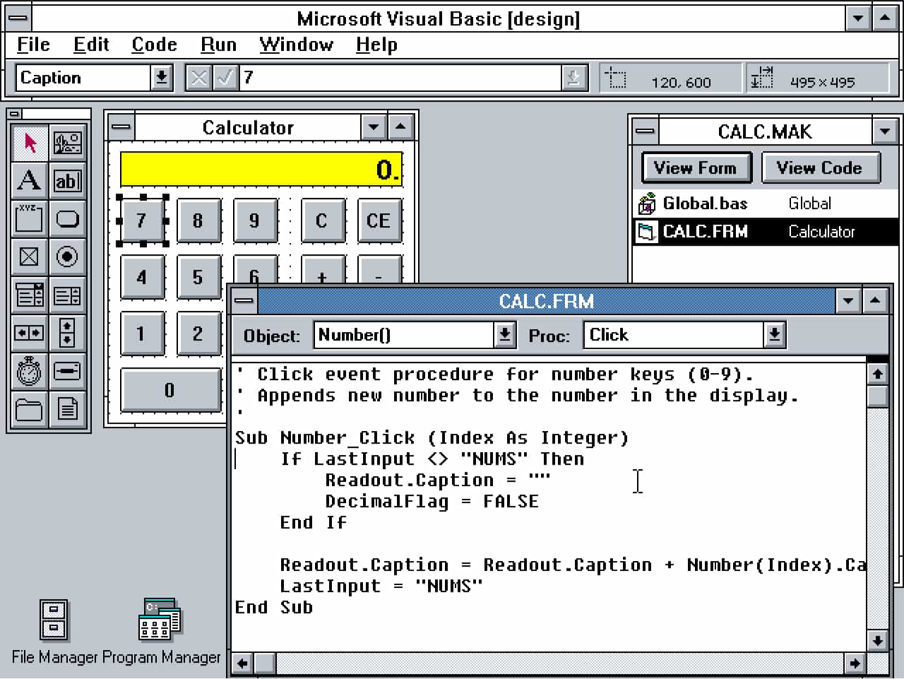 A screenshot of the Visual Basic 1.0 interface including a programming editor that's creating a calculator, combining both code and visual editing tools.