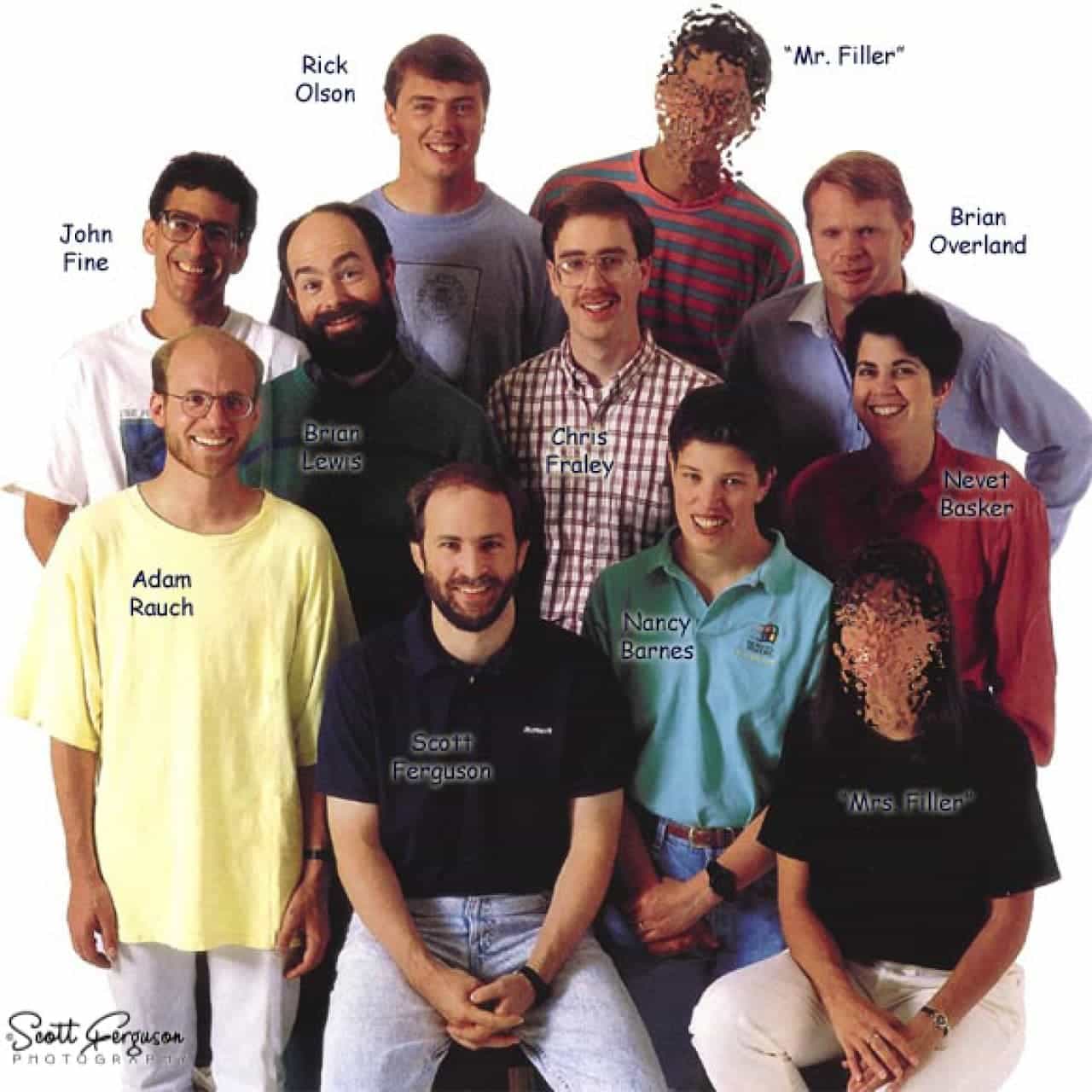 A photograph of the Visual Basic Team after Microsoft 1.0 shipped. It includes the names of several members: John Fine, Adam Rauch, Rick Olson, Scott Ferguson, Chris Fraley, Nancy Barnes, Brian Overland, Nevet Basket, and Mr. and Mrs. Filler.