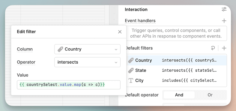 Use the intersects operator to finalize cascading filter