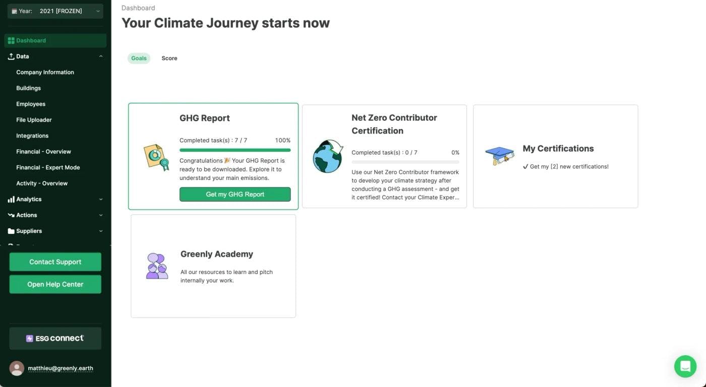 Example: Greenly’s customer portal for tracking progress towards climate goals.