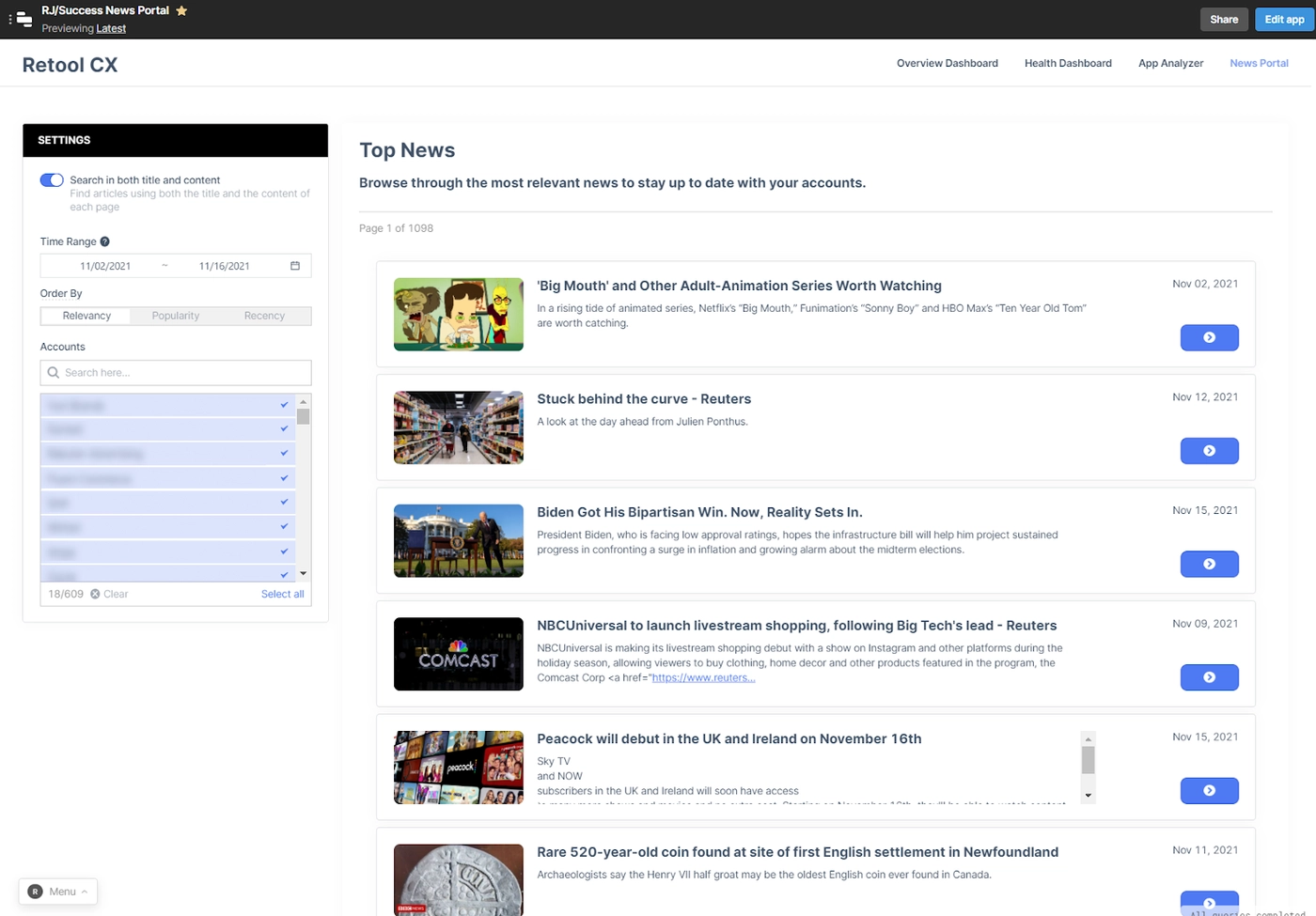 The dashboard includes a News Portal to see relevant news articles associated with accounts.