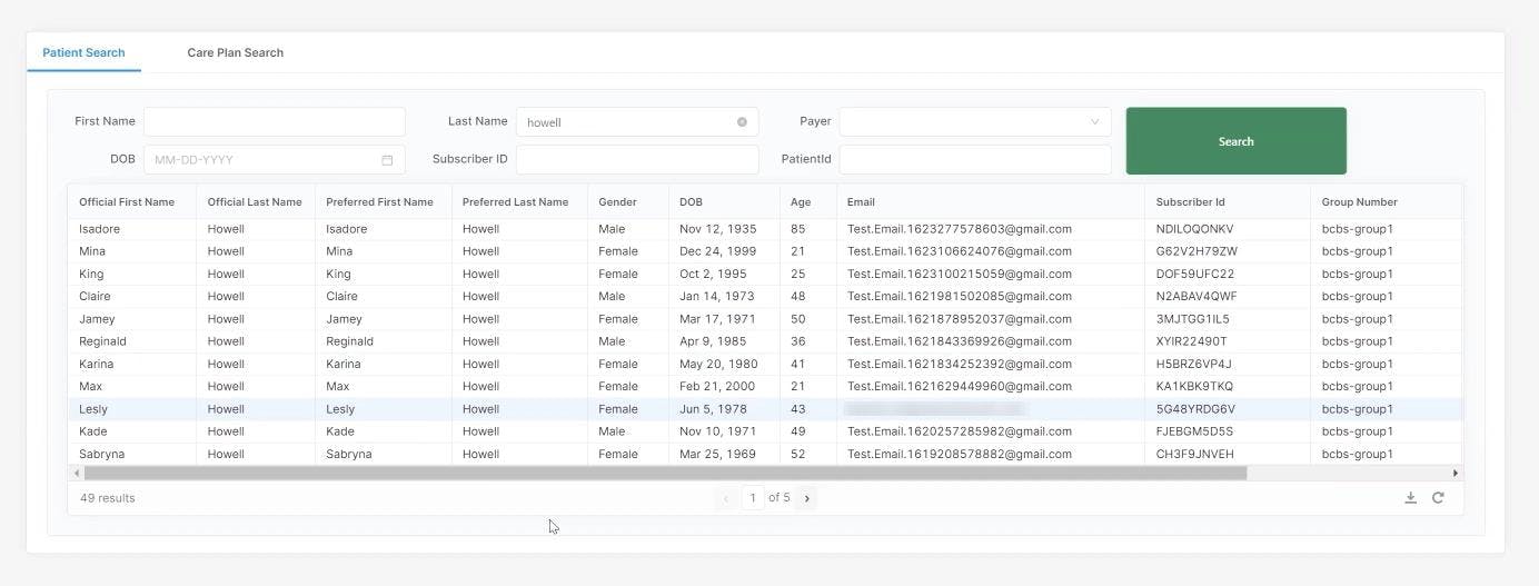 Agent view to search patient records (Note: All data is randomly generated)