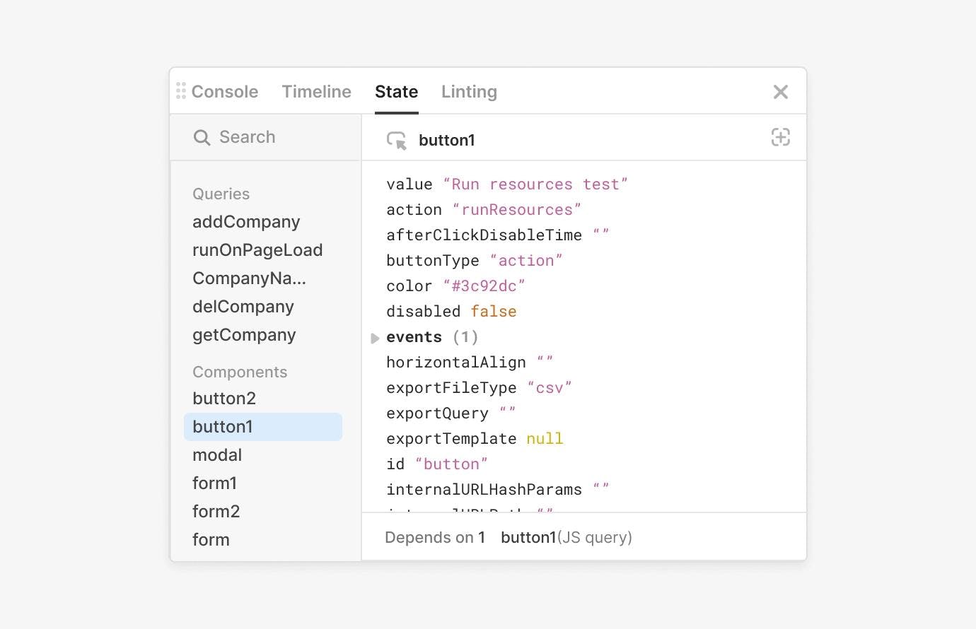State tab provides a list of queries, components, and global variables used in your app