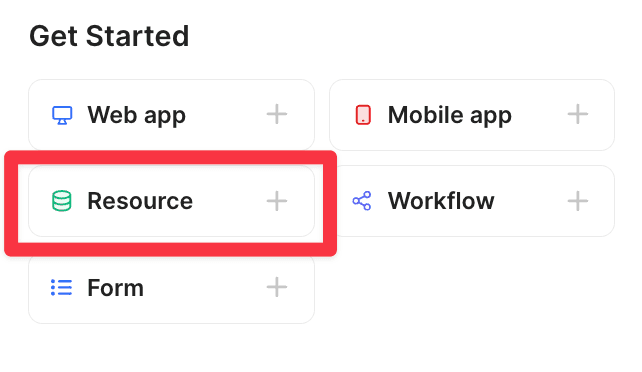 Retool app dashboard with the "Resource" option highlighted