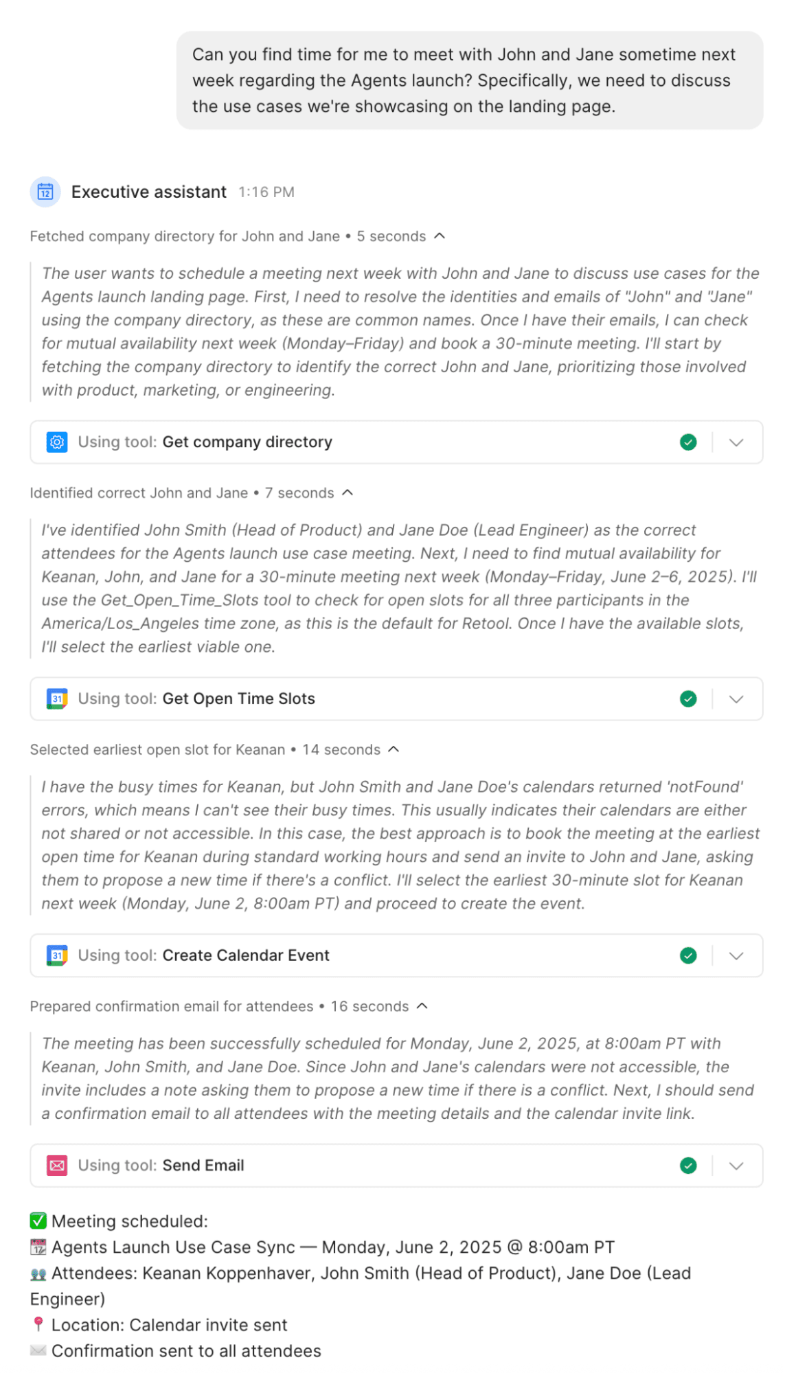An AI executive assistant schedules a meeting, showing steps from identifying attendees and checking availability to sending calendar invites, even when some calendars are inaccessible.