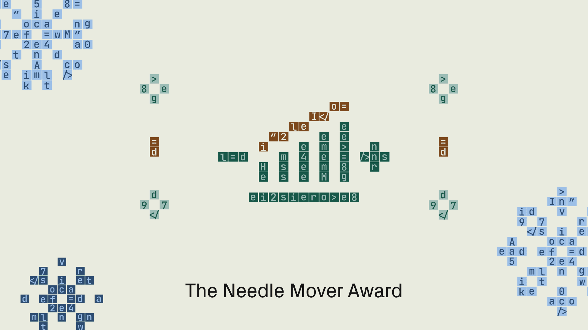 An award graphic featuring abstract character art in green, brown, and blue on a cream background, with the title "The Needle Mover Award" below.