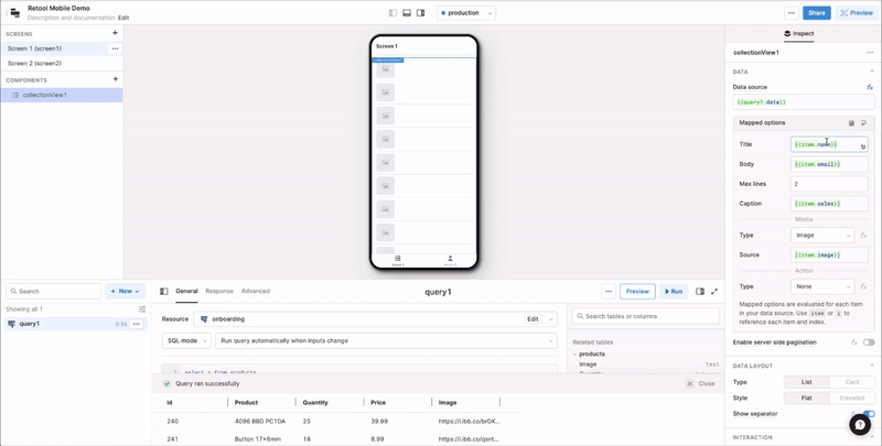 Retool Mobile app editor view