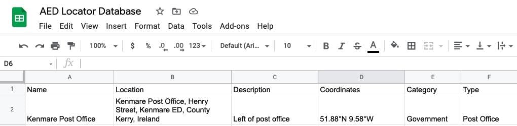 AED Locator Google Sheet (All data randomly generated)