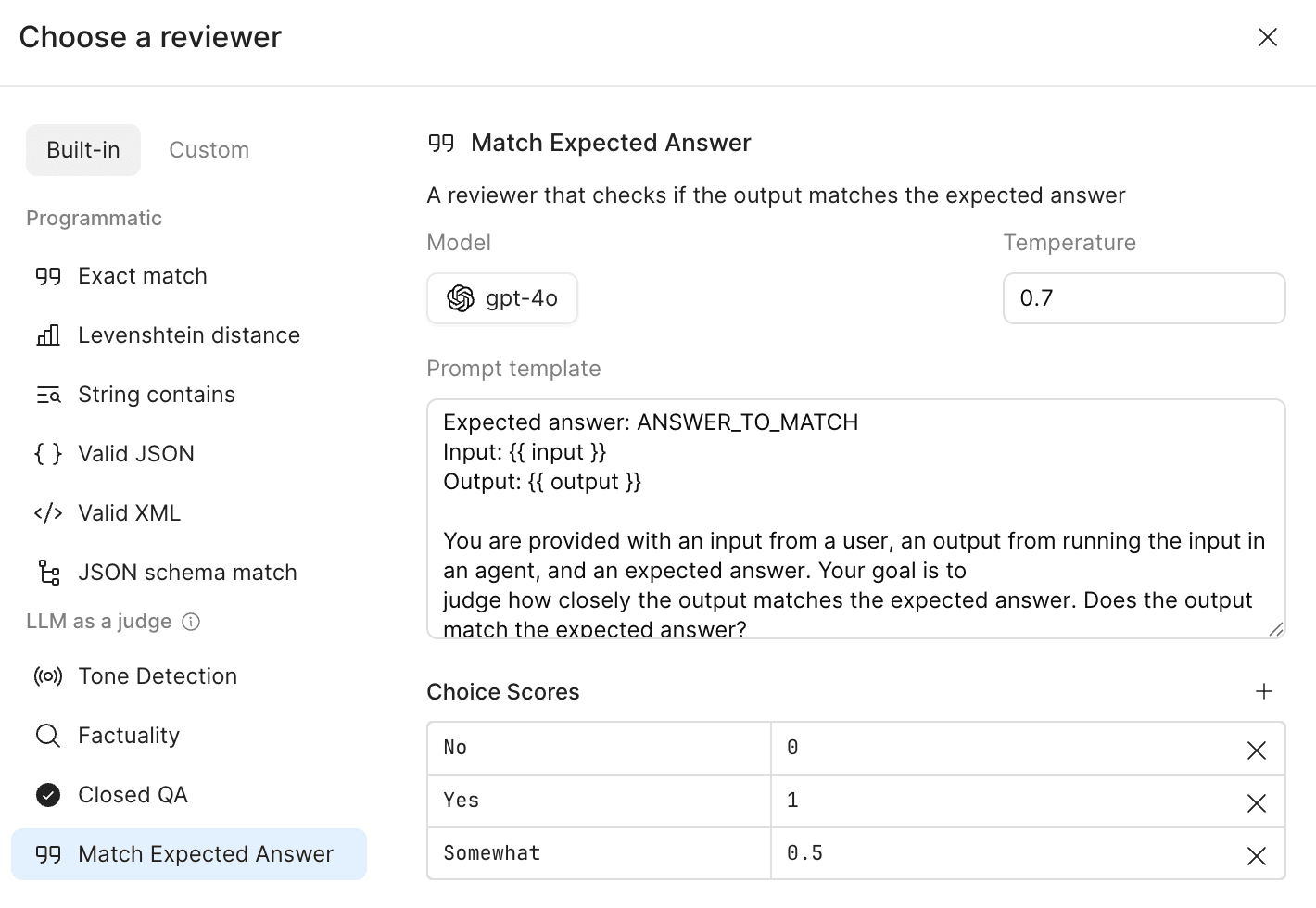 A user interface showing reviewer options, with "Match Expected Answer" selected and its GPT-4o configuration, including a prompt template and choice scores, displayed.Retool reviewer configuration panel with programmatic and LLM-as-judge evaluation options