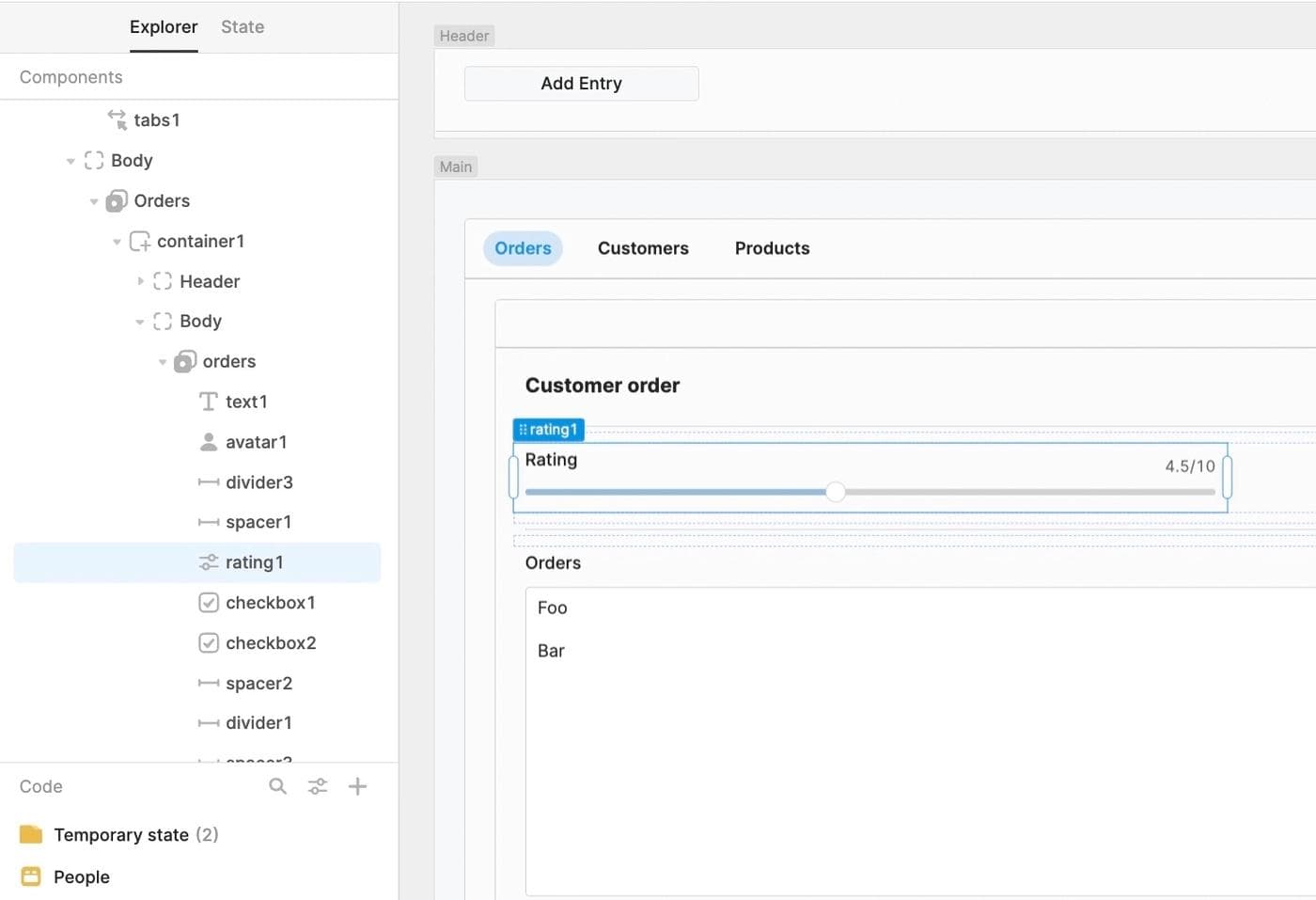 Selecting the "rating1" slider component
