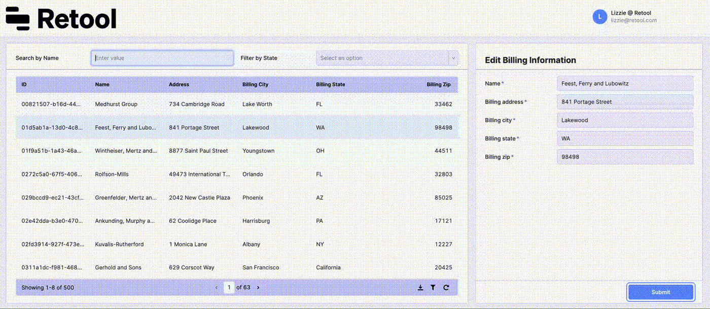 A CRUD app for an accounting team updating client billing information using a read from a Postgres database and a write executed by a REST API endpoint. Check out a tutorial for a similar app here!